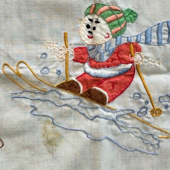 Vintage Embroidered Baby Crib Flat Sheet  Jump Rope Skiing Baseball White Pink - Picture 6 of 9